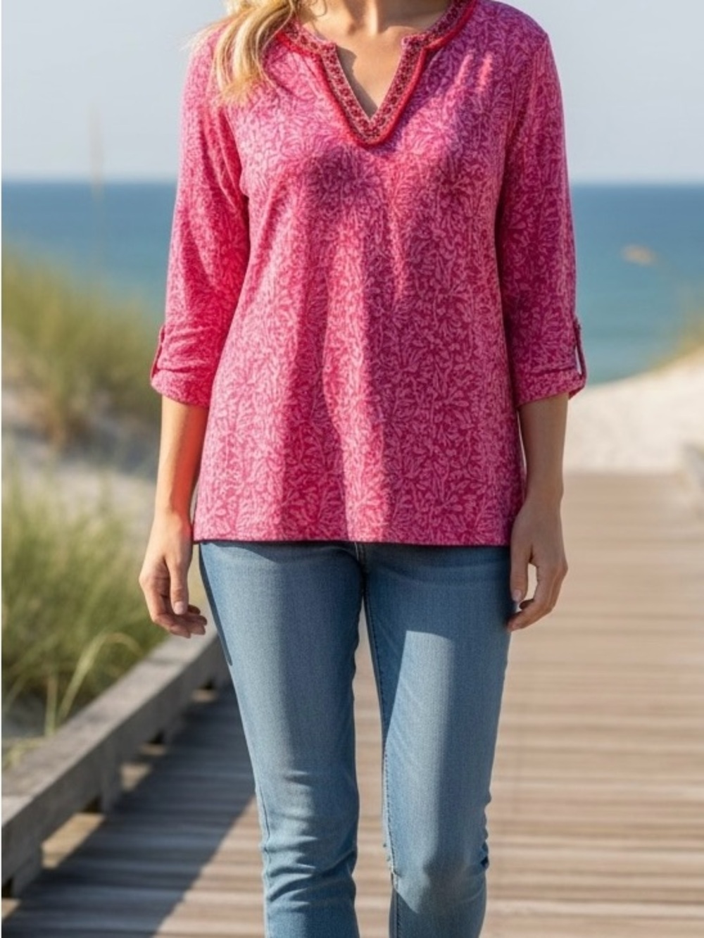 Chico's Hot Pink Printed Tunic with Embellished, beaded V-Neck